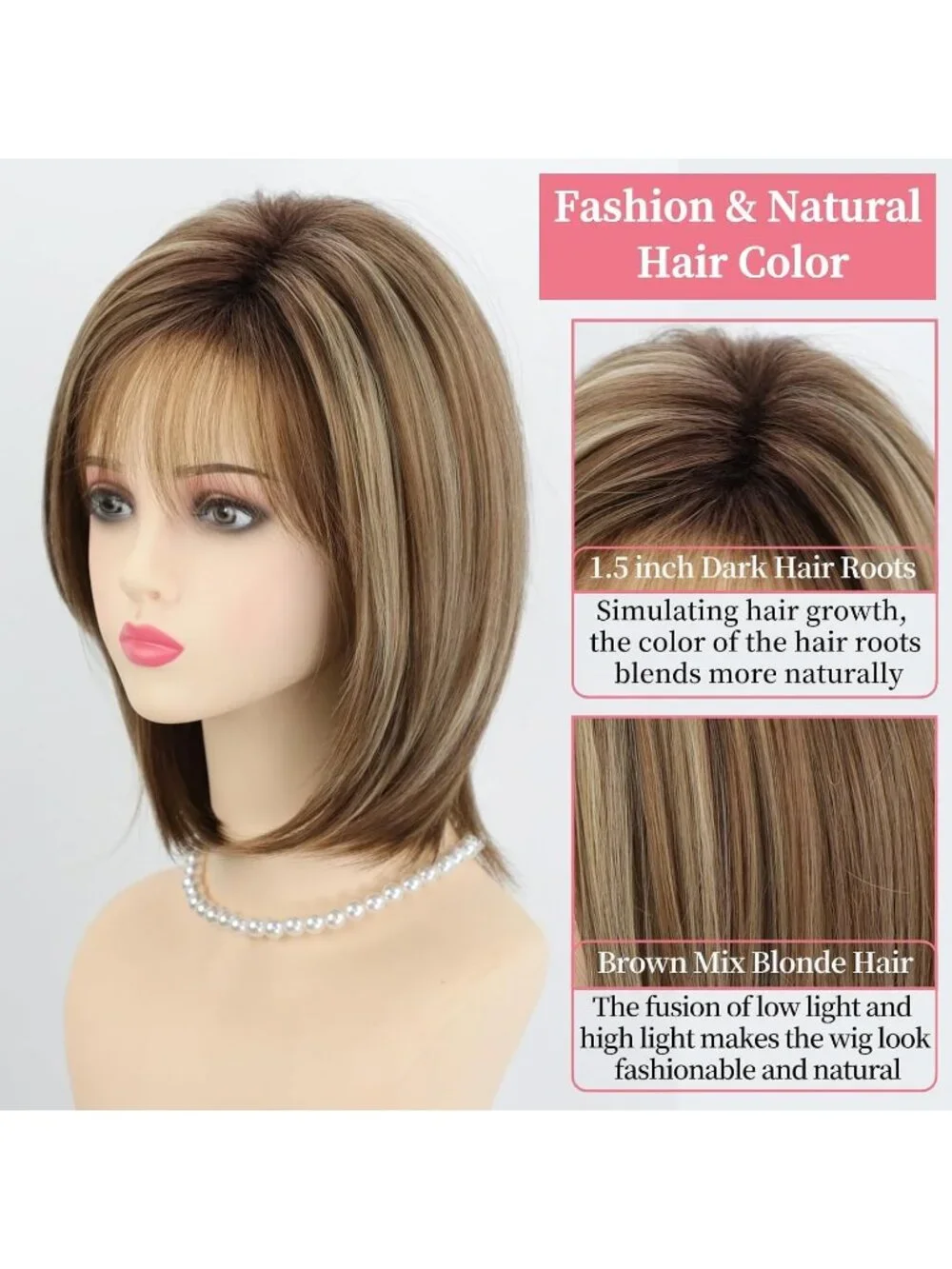 Women's Brown Blonde 12 Inch Mid Length Heat Synthetic Straight Layered Bob Wigs